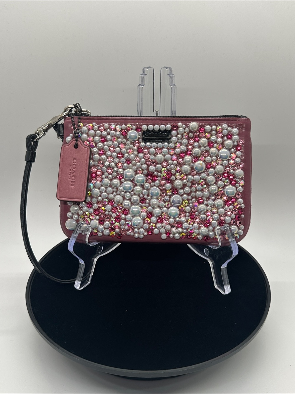 Custom Painted Coach Pink Pearl & Crystal Embellished Wristlet